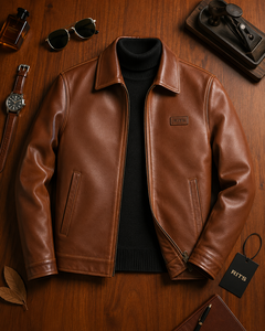 Rits Enterprises Men's Brown 100% <b>Leather</b> Stand Collar Zipper Closure Winter Breathable <b>Long</b> Sleeve Casual Moto <b>Jacket</b> OEM - Product Image 1