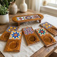 Sous-verres en bois oriental 100 % faits à la main avec motif de carreaux émaillés colorés, rectangulaires, antidérapants, pour tasses à thé, décoration de table