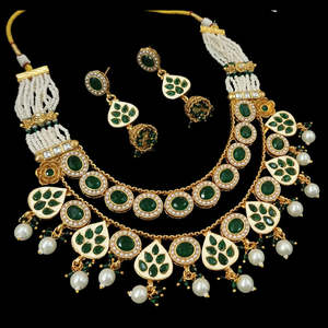 <b>Gold</b> Plated Meenakari <b>Necklace</b> Set with Pota Stone and <b>Pearls</b> Fine Jewelry Set - Product Image 1