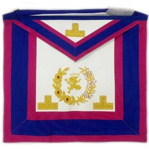 Tablier maçonnique Royal Arch brodé sur mesure, bordure bleue et violette, centre blanc, couronne de lion dorée, insignes - Product Image 6