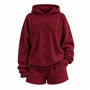 Ensemble de survêtement pour femme de haute qualité, sweat-shirt et short à fleurs brodés rouges, coupe ample, sportif, 2 pièces, pour toutes les saisons - Product Image 1