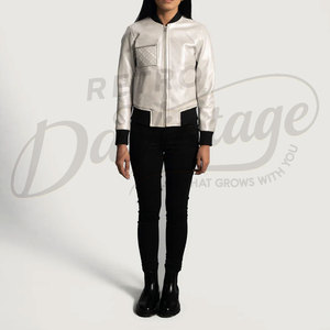 Chaqueta Bomber de Cuero Genuino Color Crema para Mujer, con Bolsillos Acolchados, Corte Ajustado, Piel de Oveja Premium, Abrigo Casual de Invierno - Product Image 3