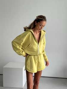 Ladies Solid Zip up Crop <b>Jacket</b> Drawstring Shorts Matching Set Loose Fit Soft Breathable for Wear Casual Sports Outfit - Product Image 4