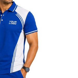 Polo pour homme bleu royal et blanc de qualité supérieure avec design à panneaux contrastés, col, manches, rayures, broderie de logo personnalisé, décontracté, golf - Product Image 4