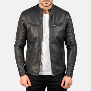 Chaqueta de Cuero Negra para Hombre, Estilo Moto Cafe Racer, Cuello Alto, Cierre de Cremallera, Corte Ajustado, Manga Regular, Color Sólido, de ELITE CRAFT INDUSTRY - Product Image 1