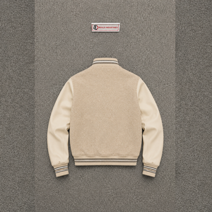 Blouson universitaire moderne de style Letterman en laine douce, couleur beige premium, col rabattu, coupe droite, pour un look décontracté d'automne - Product Image 6