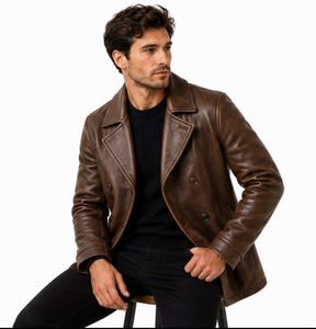 Men's <b>Brown</b> Genuine <b>Leather</b> Double Breasted <b>Jacket</b> Turn-down Collar Casual Autumn Wear - Product Image 1