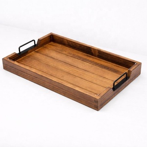 Bandeja de Almacenamiento Minimalista de Madera Maciza con Asas Metálicas Resistentes, Diseño Duradero de Gran Tamaño para Cocina, Comedor, Mesa de Centro y Uso Doméstico - Product Image 1