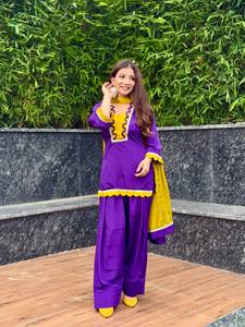 <b>Womens</b> Purple Yellow Cotton Ethnic Suit Set | Designer Quick Dry <b>Kurta</b> Palazzo Pants Dupatta | Traditional Indian Wear - Product Image 6