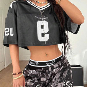 Haut court en jersey respirant pour femme, col en V, manches courtes, imprimé numéro 9, coupe ajustée, vêtements de sport toutes saisons - Product Image 5