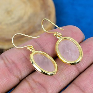 Natural Rose Quartz Oval Shape Gemstone <b>Dangle</b> Hook <b>Earring</b> 18k Gold Plated Over 925 Sterling <b>Silver</b> Finish - Product Image 4