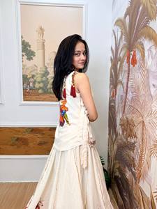 Traditional Indian Women's White Cotton <b>Lehenga</b> Set With <b>Red</b> Swastika Print Floor-Length Loose Fit For Diwali Occasion - Product Image 5
