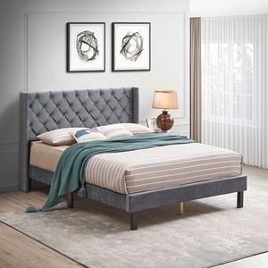 Letto imbottito con bottone in velluto con disegno ad ali facile montaggio forte supporto per doghe in legno - Product Image 2