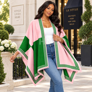 Suéter HMR Sorority Sisterhood, Color Rosa y Verde, Estilo Poncho, Manga Murciélago, Largo, Casual, 100% Acrílico, Borde con Borlas - Product Image 1