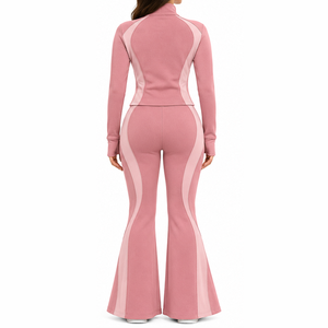 Women Fleece Lounge Set Zip Up Jacket Flare Leg Pants <b>Piped</b> Seams Comfortable Casual Everyday Winter Wholesale Clothing - Product Image 3