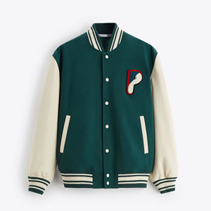 Veste de style preppy pour homme, vert crème, avec broderie de la lettre P, coupe classique, col rabattu, pour l'automne - Product Image 1