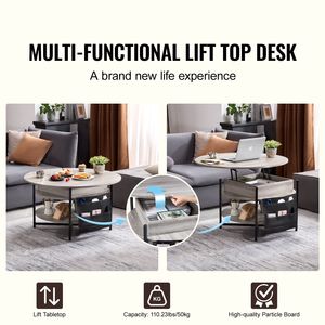 Tavolino da Caffè Rotondo Bianco da 35,3 Pollici con Piano Sollevabile e Tasche Extra per lo Stoccaggio, Tavolo Centrale Pop-up per Soggiorno - Product Image 2