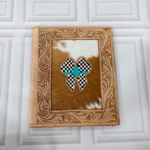 Professional Floral Hand <b>Tooled</b> Genuine Cowhide <b>Leather</b> Business Padfolio Case Business Butterfly Zipper Document Organizer - Product Image 3