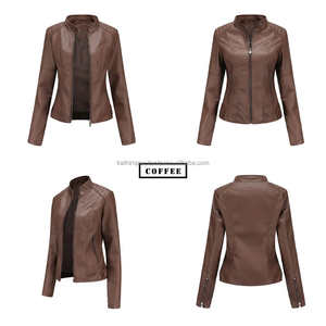 แจ็กเก็ตหนังสำหรับผู้หญิงดีไซน์เข้ารูปสำหรับนักขี่จักรยานกาแฟมีซิปปิดและคอตั้ง - Product Image 4