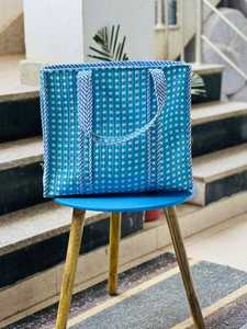 Blue Quilted <b>Tote</b> <b>Bag</b> with <b>White</b> Check Pattern Zipper Closure Bohemian Style Large Capacity Embroidery Daily Use Shopping <b>Bag</b> - Product Image 1