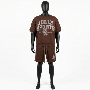 Ensemble short et t-shirt en jersey de coton marron pour homme, 220 GSM, impression à haute densité, logo personnalisé, streetwear, ensemble de jogging pour homme - Product Image 5