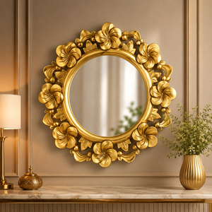 Miroir rond en bois sculpté à la main avec motif de fleurs de magnolia, finition dorée antique, miroir mural décoratif floral, élégant et luxueux - Product Image 1