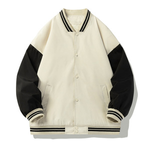 <b>Men's</b> <b>Black</b> And Cream Varsity Jacket Regular Fit Solid Color Button Closure Turn-down Collar Autumn Casual Wear - Product Image 5