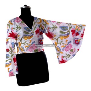 2026 Women's 100% Cotton Wrap Tie Dress Beach Wear Block Print Decoration Ladies Natural For Beach Part Wear Women <b>Top</b> - Product Image 5