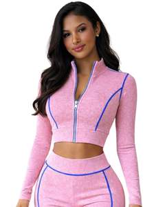 Conjunto de yoga de dos piezas rosa para mujer, top corto con cremallera y pantalones acampanados de cintura alta, costuras en contraste, ropa deportiva para gimnasio, fabricante personalizado OEM - Product Image 2