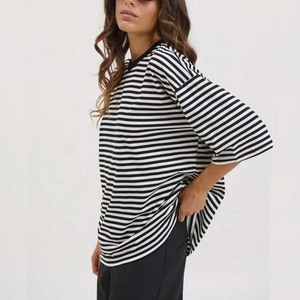 Camiseta de Cuello Redondo a Rayas Oversize, Corte Regular, Manga Corta, 100% Algodón Tejido, Transpirable, para Todas las Temporadas - Product Image 6