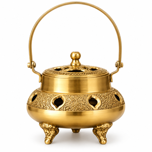 Vintage Brass Incense Burner Overhead Handle Carved Kettle Pot Censer Charcoal Bakhoor Holder Antique Dhoop Home Decor - Product Image 1