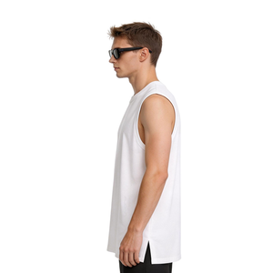 OEM Custom Logo Front Sporty Breathable 100% Cotton Casual Ribbed White Running Gym <b>Muscle</b> Tank <b>Top</b> for <b>Men</b> - Product Image 2