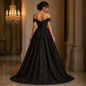 Vestido de Noche de Lujo Negro con Encaje, Escote Corazón, Hombros Descubiertos, Corsé de Diseñador, Largo hasta el Suelo, Elegante para Fiesta Formal o Boda - Product Image 3