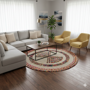 Tapis et carpettes ronds tressés en jute et chindi pour la décoration du salon - Product Image 1