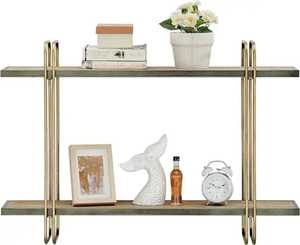 Set 2 Industrial Wood <b>Adjustable</b> Floating Wall <b>Shelves</b> Modern Non-Folding Top Hanging Metal Bracket Storage Display Ledge Board - Product Image 4