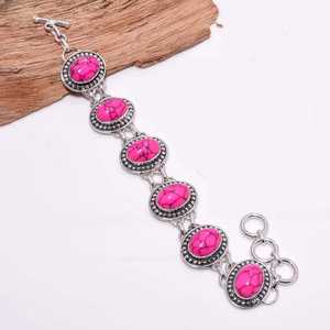 Bracelet bohème turquoise rose, style vintage, argenté, fait main, bijoux en pierres précieuses, bracelet statement, cadeau pour elle - Product Image 4