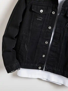 Custom Men's Distressed <b>Black</b> Denim <b>Jacket</b> - Premium Ripped <b>Jean</b> <b>Jacket</b> for Streetwear - High-Quality Wholesale Men's Outerwear - Product Image 4