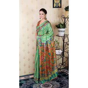 ชุดราตรีผ้าไหมทัสซาร์สีเขียวทะเลแบบนุ่มพิเศษ ลายทาง สำหรับงานปาร์ตี้ พร้อมลายปักดิ้นทอง - Product Image 3