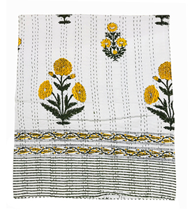 Hand Block Yellow Floral Kantha <b>Quilt</b> Eco-Friendly Cotton Classic Design All-Season Home Decor <b>Bedspread</b> Rajasthan - Product Image 1