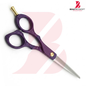 Ciseaux de barbier professionnels en acier inoxydable avec manche en plastique texturé violet et vis de tension dorée - Product Image 6