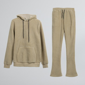 High Quality Custom Men Beige <b>Sherpa</b> Tracksuit Blank Teddy Fleece Pullover <b>Hoodie</b> Stacked Sweatpants Wholesale MUSARAT SONS - Product Image 5