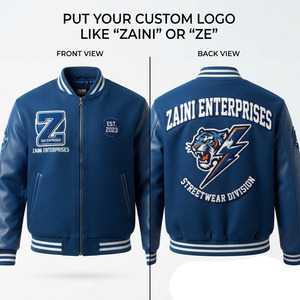 Veste bomber varsity unisexe d'hiver coupe-vent en mélange de laine 450 GSM de qualité supérieure avec manches en cuir PU et logo brodé personnalisé - Product Image 1