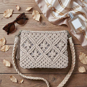 Sac bandoulière en macramé de coton fait main style bohème avec pompon, pochette d'épaule tissée vintage pour femme - Product Image 4