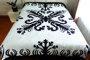 Wholesale Navy Hawaiian Applique <b>Quilt</b> With Echo <b>Quilting</b> Custom Botanical Cotton <b>Bedspread</b> Boutique Bedroom Bedding - Product Image 2