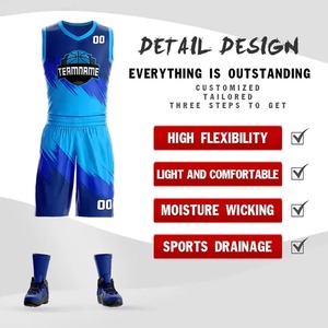 Ensemble d'uniformes de basketball personnalisés imprimés par transfert thermique, respirant, bleu, col en V, sans manches, maillot et short, nom et numéro de l'équipe sur le devant, séchage rapide - Product Image 5