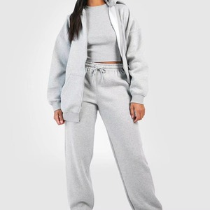 Women's Casual Solid Two Piece <b>Sweat</b> <b>Set</b> Zipper Hoodie Sweatshirt 100% Cotton High Waist Pants Joggers Suit Outfits Tracksuit - Product Image 1