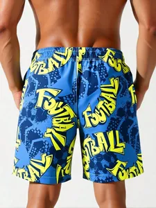 Short de bain tricoté pour homme, bleu, à séchage rapide, avec cordon de serrage, imprimé football et motif lettres, taille mi-haute, longueur courte - Product Image 2
