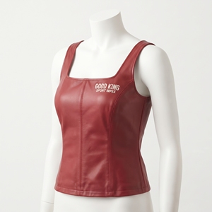 Débardeur en cuir rouge cerise pour femme, col droit, bretelles épaisses, sans manches, couture centrale, forme corset, logo brodé crème - Product Image 5