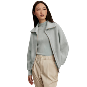 Chaqueta de punto con cremallera para mujer, textura acanalada suave, manga larga, cuello ancho, informal, ligera, para uso diario - Product Image 3