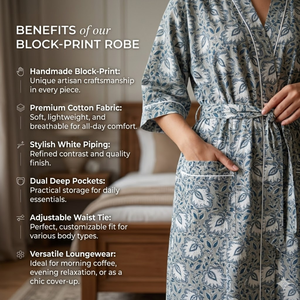 ชุดคลุมกิโมโนผ้าฝ้ายลายดอกพิมพ์ลายด้วยมือ คอวี แขนยาว มีเชือกผูกและกระเป๋า ชุดนอนลำลองสำหรับผู้หญิง แบรนด์ Maria G - Product Image 2